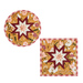 Photo of two folded star hot pads, one round and one square, made with yellow, white, and red floral fabrics isolated on a white background