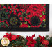 A shot of the bottom right corner of the quilt, showing fabric and stitching details of the border. A thick garland of poinsettias, pinecones, and christmas tree branches decorates the bottom of the shot.