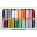 20 colorful wooden spools of thread in a cardboard display box