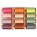 12 colorful spools of thread in a plastic carrying case