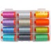 12 colorful spools of thread in a plastic carrying case