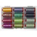 12 colorful spools of variegated thread in a plastic carrying case