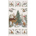 digital image of off white fabric panel, featuring a central image of various woodland animals in the winter woods and three squares on the top and bottom showcasing one of the animals