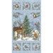 digital image of light blue fabric panel, featuring a central image of various woodland animals in the winter woods and three squares on the top and bottom showcasing one of the animals