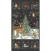 digital image of black fabric panel, featuring a central image of various woodland animals in the winter woods and three squares on the top and bottom showcasing one of the animals