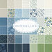 collage of shoreline fabrics, in shades of navy, blue, light blue, white, gray, and green, in lovely floral and tiled patterns