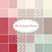 collage of my summer house fabrics, in shades of red, pink, light blue, gray, and creme in lovely floral and tiled patterns