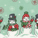 close up of vintage snowmen wearing red and green clothing on an aqua background with red, white, and green snowflakes falling down