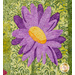 Close up photo of a floral quilt showing applique details of a large purple daisy showing stitching detail with a patchwork green background