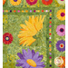 Close up photo of a floral quilt showing applique details of large yellow, purple and red daisies with a patchwork green background