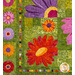 Close up photo of a floral quilt showing applique details of large red, purple and orange daisies with a patchwork green background