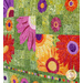 Close up photo of a floral quilt showing applique details of large red, purple and orange daisies with a patchwork green background