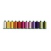Photo of 12 colorful spools of thread on a white background