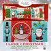 Front of the I Love Christmas Machine Embroidery USB cover, showing the final project as a bench pillow, with christmas motifs set against red and ice blue.
