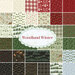 collage of all woodland winter fabrics, featuring fabrics with images of the woods and woodland creatures in shades of red, white, green, black, and light blue 