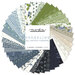 collage of shoreline charm pack fabrics, in shades of navy, blue, light blue, white, gray, and green, in lovely floral and tiled patterns