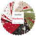 collage of all starberry charm pack fabrics, in shades of red, green, white, tan, and black
