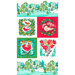 Digital image of winterly fabric panel, with a top and bottom of a teal winter forest and the middle featuring 4 squares with different birds with holly, bells, and a peace banner