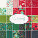 collage of Winterly fabrics, in shades of red, green, black, white, and teal, on a white background