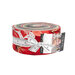 photo of Winterly fabric strip roll, in shades of red, green, black, white, and teal, ona white background