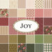 Composite collage of all 32 fabrics in the Joy collection, an easy going, muted palette from cream to pink to red to green