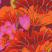close up of Fabric featuring vibrant pink, red, and yellow lotus blossoms and leaves over a maroon background