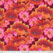 Fabric featuring vibrant pink, red, and yellow lotus blossoms and leaves over a maroon background