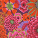 close up of Fabric featuring vibrant pink, red, and purple flowers over a deep violet background