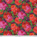 Fabric featuring vibrant pink, orange, and red roses and deep purple grapes amidst vivid green leaves and a brick red background