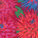 close up image of Fabric featuring vibrant pink, orange, blue, and red dahlias and vivid teal leaves over a bright fuchsia background