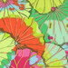 Fabric featuring vibrant green, blue, magenta, and orange overlapping lotus leaves