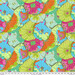 close up of Fabric featuring vibrant green, blue, magenta, and orange overlapping lotus leaves