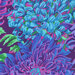 Close up of Fabric featuring vibrant green, blue, and purple chrysanthemums over a purple background