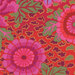close up of Fabric featuring vibrant pink, red, and purple flowers over a red and pink background with abstract green and maroon dots