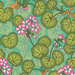 Close up of Fabric featuring vibrant pink geraniums climbing along golden yellow vines with bright green leaves over a teal and green background
