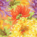Close up of fabric featuring vibrant yellow, orange, and purple chrysanthemums over a light orange background