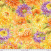 Fabric featuring vibrant yellow, orange, and purple chrysanthemums over a light orange background