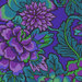 close up of Fabric featuring vibrant blue, aqua, green, and purple flowers over an royal blue background