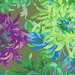 close up of Fabric featuring vibrant green, teal, blue, and purple chrysanthemums over an army green background