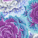 close up of Fabric featuring vibrant white, blue, and purple cabbages