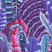 close up of Fabric featuring vibrant blue, purple, indigo, and pink feathers