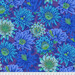 Fabric featuring vibrant blue, periwinkle, and aqua cactus blossoms over a plum background