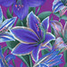 close up of Fabric featuring vibrant blue, pink, and teal amaryllis flowers over a bright purple background
