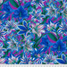 Fabric featuring vibrant blue, pink, and teal amaryllis flowers over a bright purple background