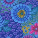 close up of Fabric featuring vibrant blue, pink, and mustard yellow flowers over a blue and teal background with abstract blue and teal dots