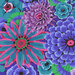 close up of Fabric featuring vibrant blue, teal, and purple flowers over a deep indigo background