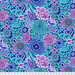 Fabric featuring vibrant blue, teal, and purple flowers over a deep indigo background