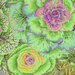 close up of Fabric featuring vibrant green, yellow, and purple cabbages