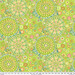 Fabric featuring vibrant green, teal, orange, and pink kaleidoscopic abstract shapes