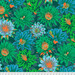 Fabric featuring vibrant green, blue, and orange cactus blossoms over a forest green background
